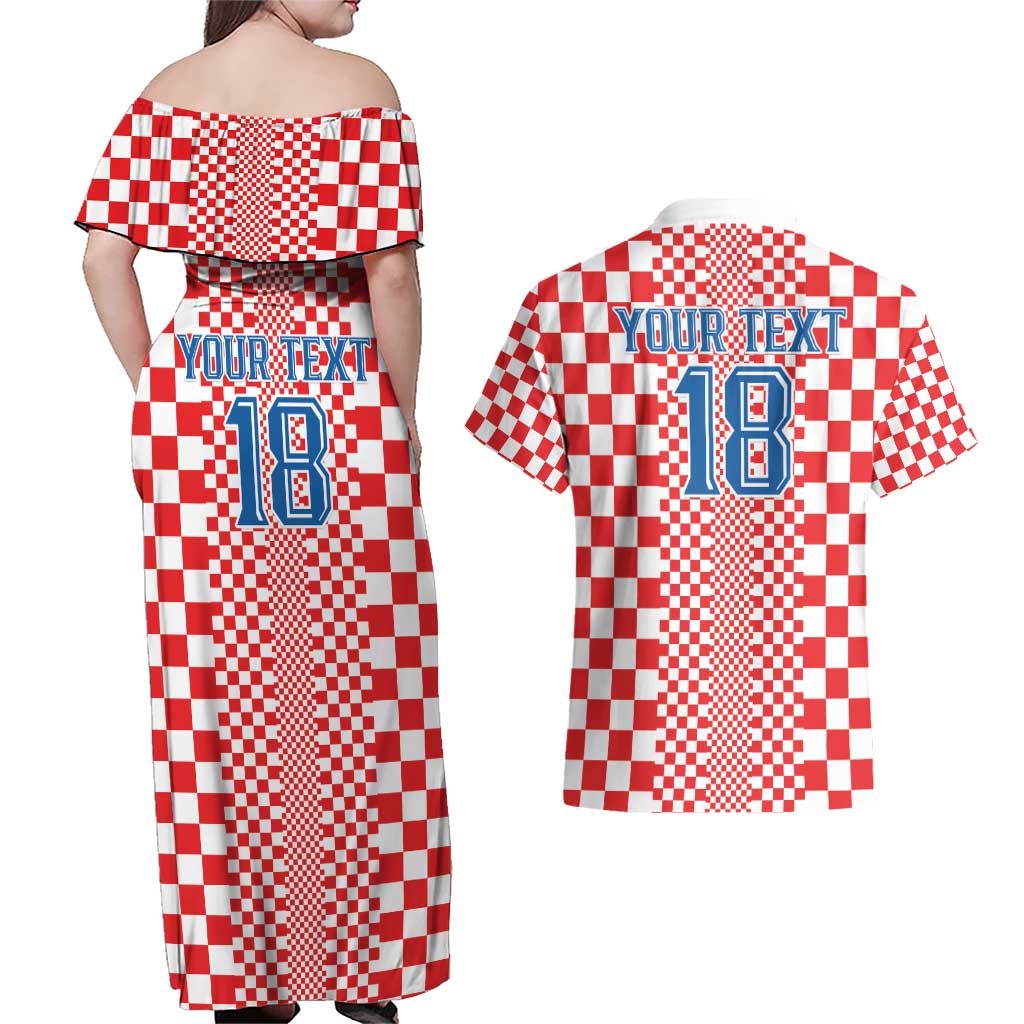 Custom Croatia Football Couples Matching Off Shoulder Maxi Dress and Hawaiian Shirt Vatreni Hrvatska Sporty Style - Wonder Print Shop