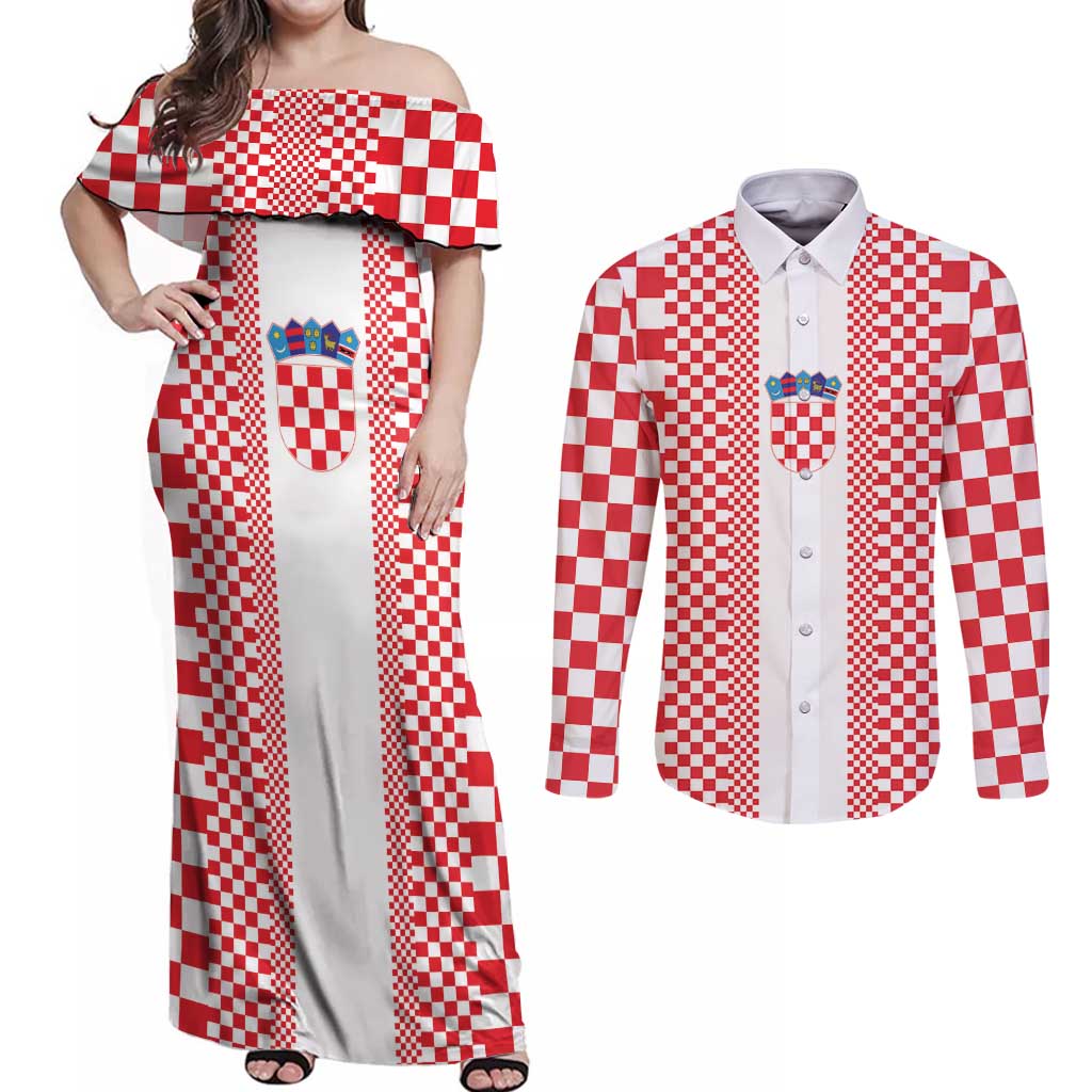 Custom Croatia Football Couples Matching Off Shoulder Maxi Dress and Long Sleeve Button Shirt Vatreni Hrvatska Sporty Style - Wonder Print Shop