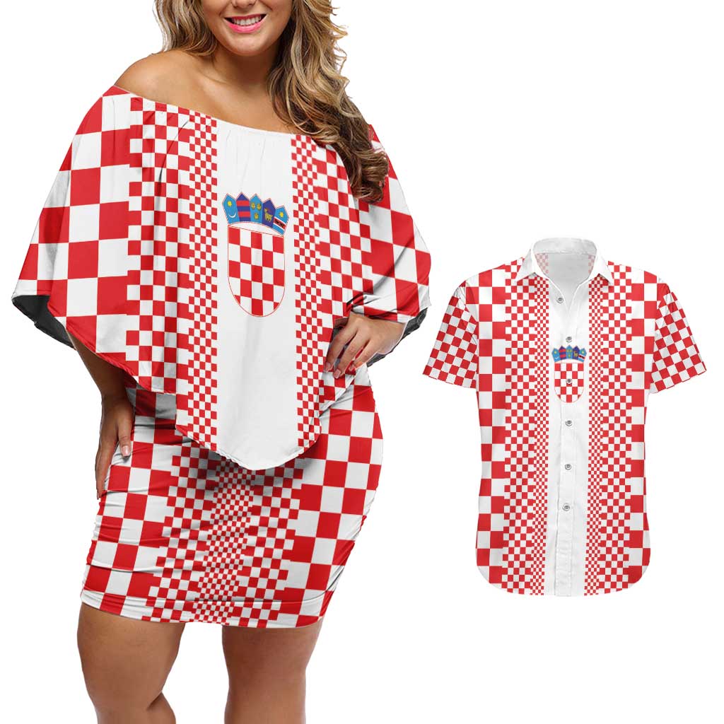 Custom Croatia Football Couples Matching Off Shoulder Short Dress and Hawaiian Shirt Vatreni Hrvatska Sporty Style - Wonder Print Shop