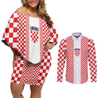 Custom Croatia Football Couples Matching Off Shoulder Short Dress and Long Sleeve Button Shirt Vatreni Hrvatska Sporty Style - Wonder Print Shop