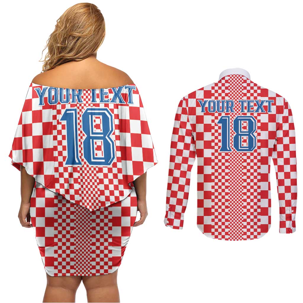 Custom Croatia Football Couples Matching Off Shoulder Short Dress and Long Sleeve Button Shirt Vatreni Hrvatska Sporty Style - Wonder Print Shop