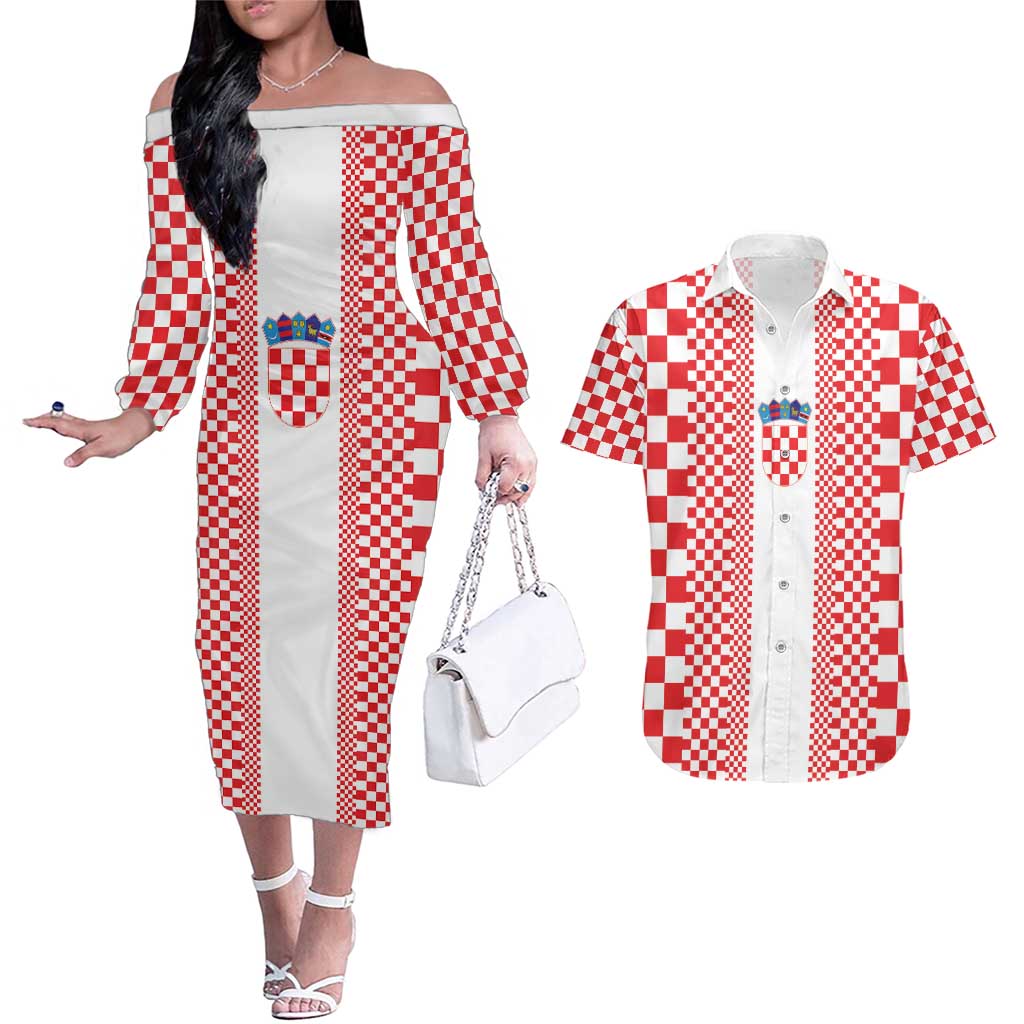 Custom Croatia Football Couples Matching Off The Shoulder Long Sleeve Dress and Hawaiian Shirt Vatreni Hrvatska Sporty Style - Wonder Print Shop