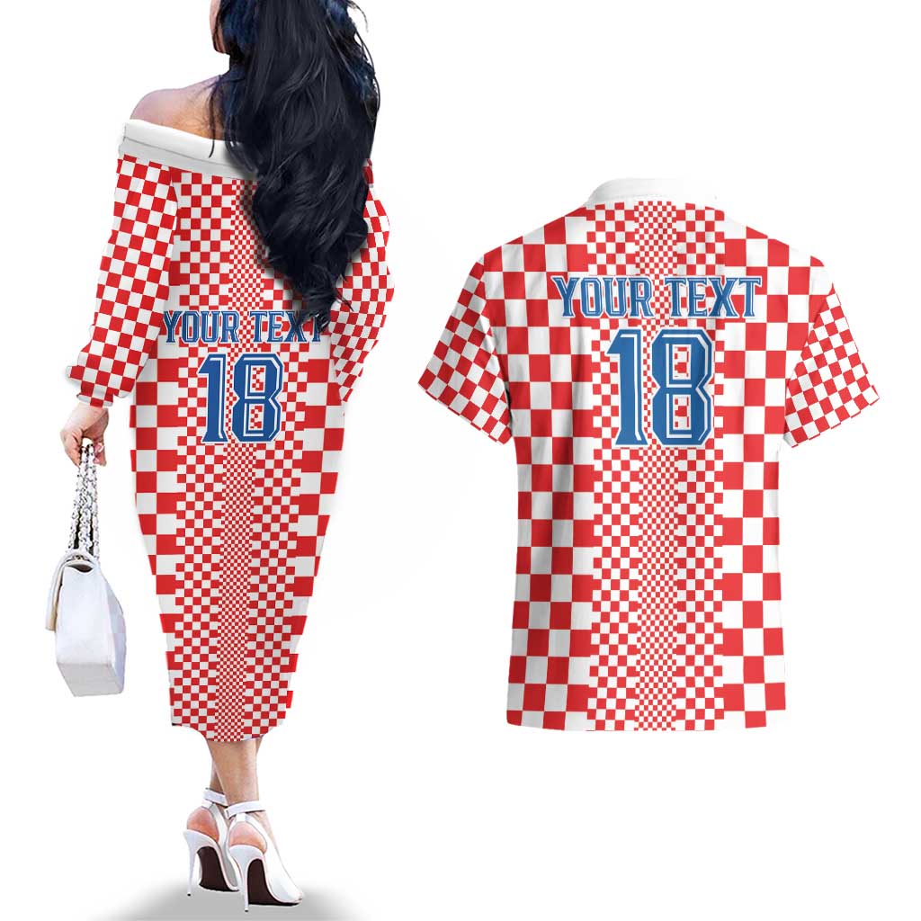 Custom Croatia Football Couples Matching Off The Shoulder Long Sleeve Dress and Hawaiian Shirt Vatreni Hrvatska Sporty Style - Wonder Print Shop