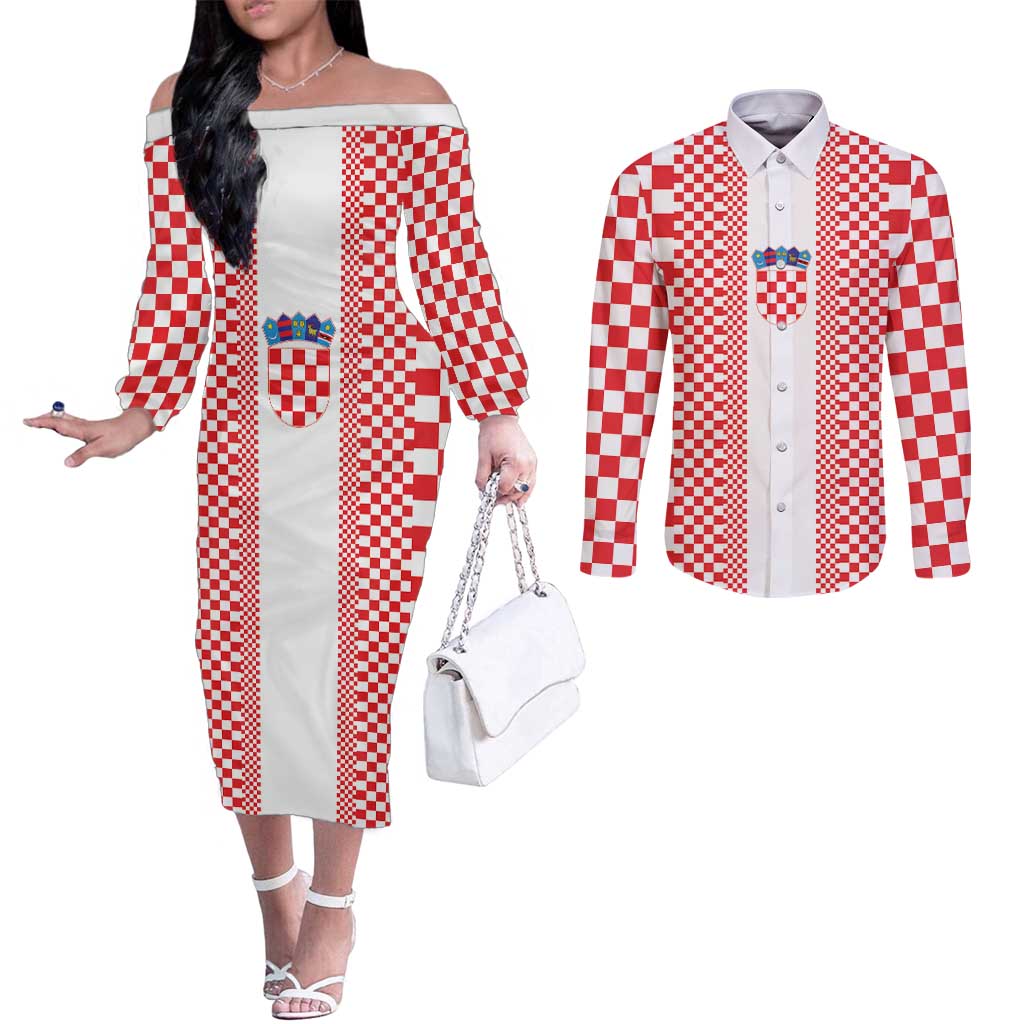 Custom Croatia Football Couples Matching Off The Shoulder Long Sleeve Dress and Long Sleeve Button Shirt Vatreni Hrvatska Sporty Style - Wonder Print Shop