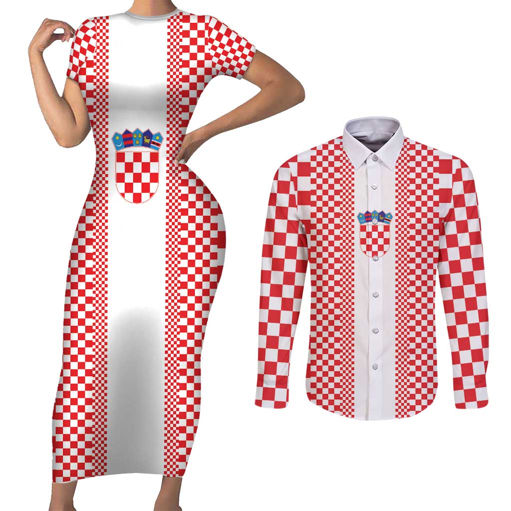 Custom Croatia Football Couples Matching Short Sleeve Bodycon Dress and Long Sleeve Button Shirt Vatreni Hrvatska Sporty Style - Wonder Print Shop