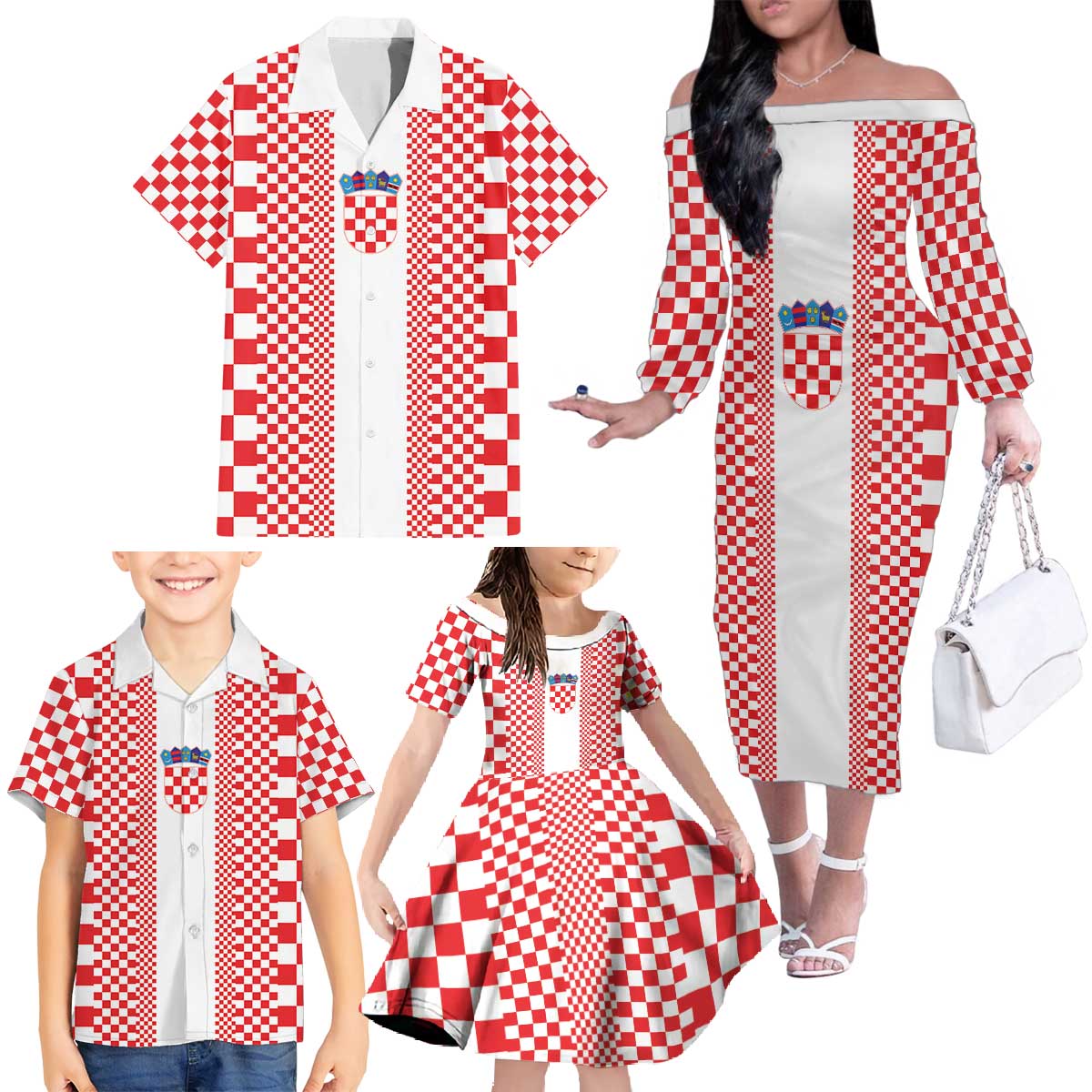 Custom Croatia Football Family Matching Off The Shoulder Long Sleeve Dress and Hawaiian Shirt Vatreni Hrvatska Sporty Style - Wonder Print Shop