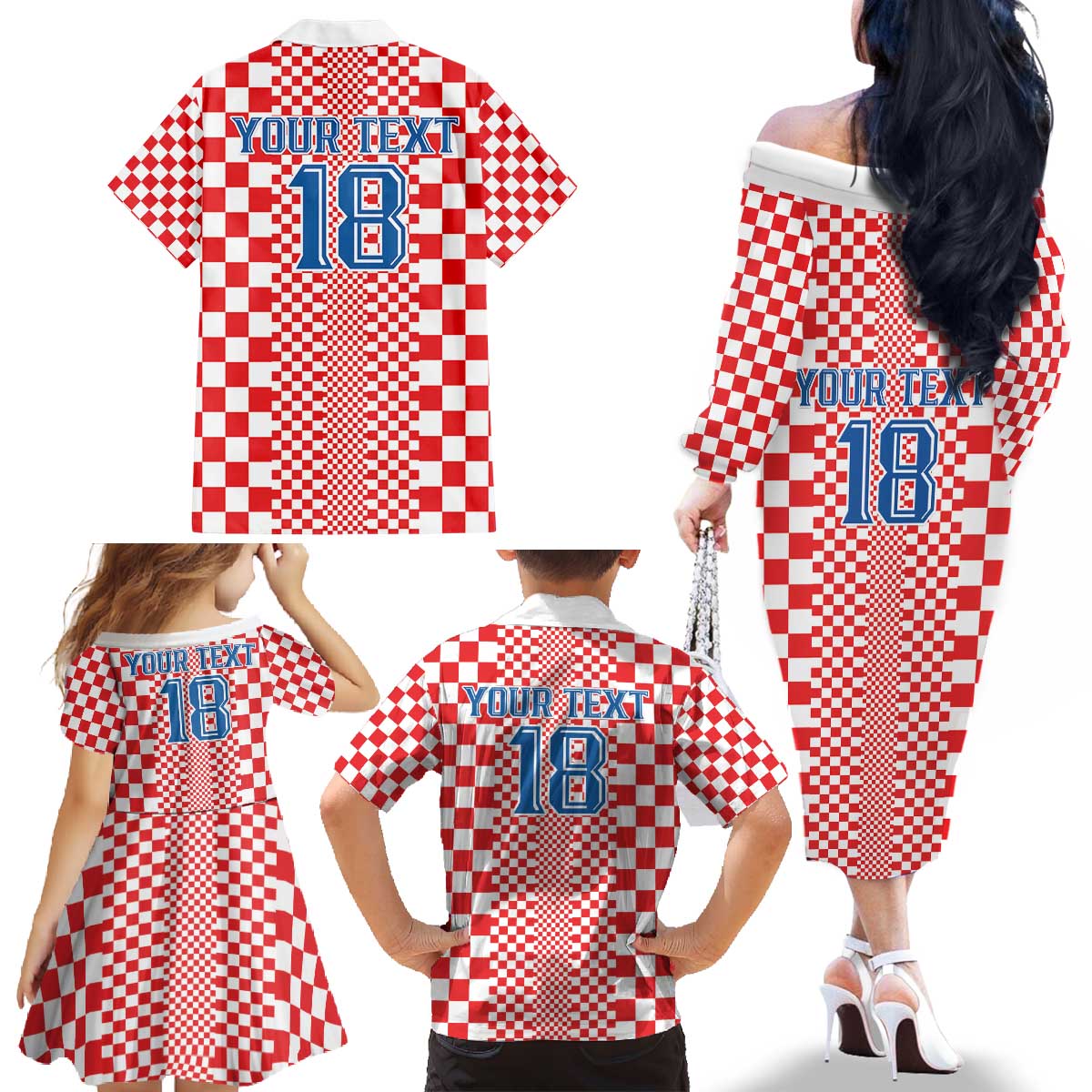 Custom Croatia Football Family Matching Off The Shoulder Long Sleeve Dress and Hawaiian Shirt Vatreni Hrvatska Sporty Style - Wonder Print Shop