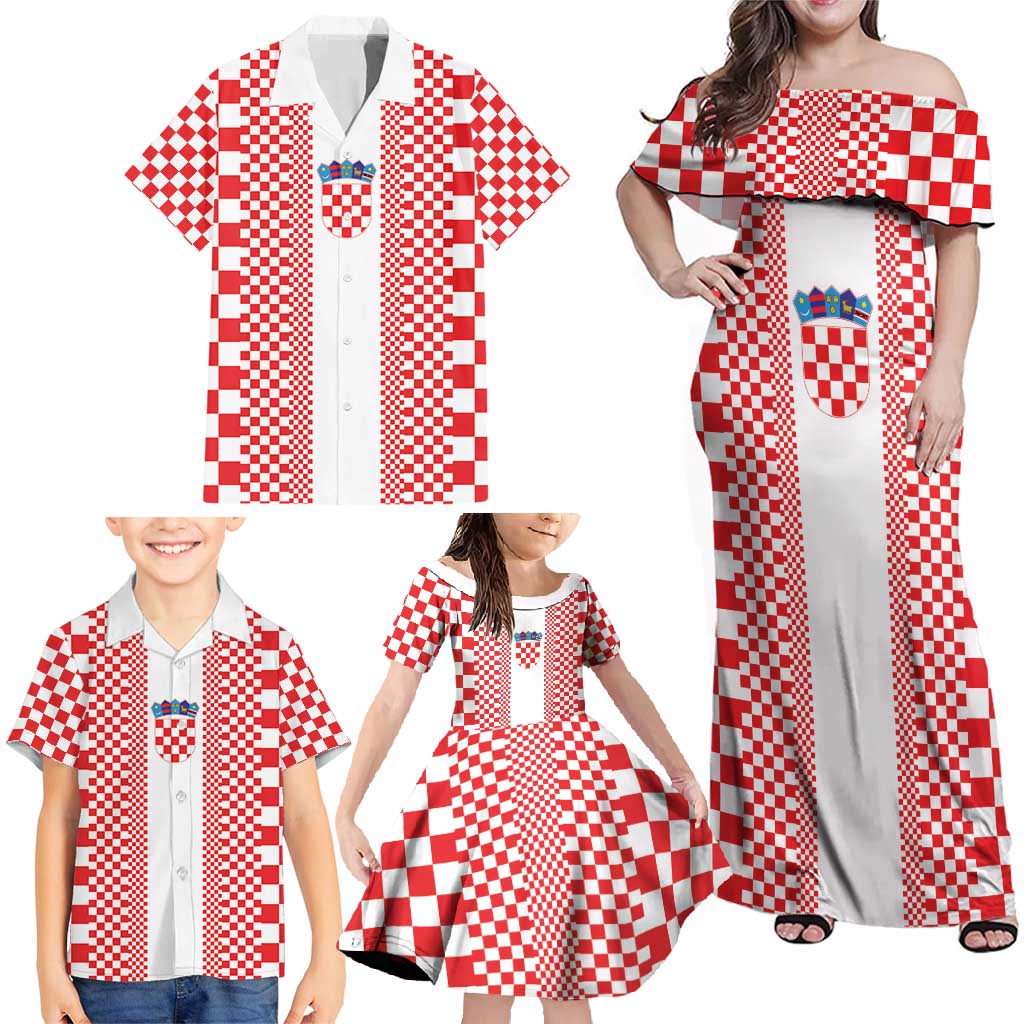 Custom Croatia Football Family Matching Off Shoulder Maxi Dress and Hawaiian Shirt Vatreni Hrvatska Sporty Style - Wonder Print Shop