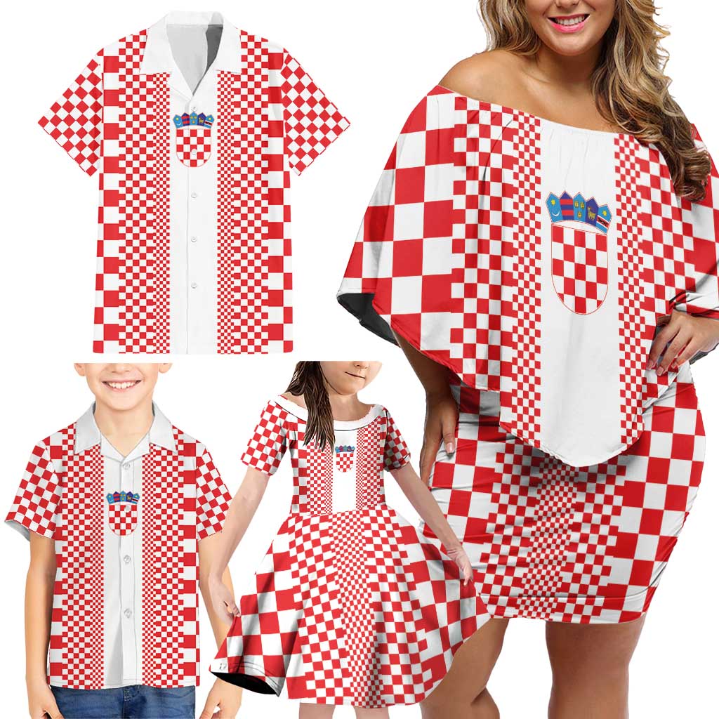 Custom Croatia Football Family Matching Off Shoulder Short Dress and Hawaiian Shirt Vatreni Hrvatska Sporty Style - Wonder Print Shop