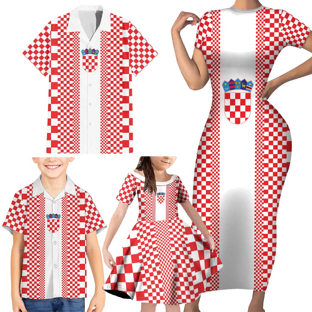 Custom Croatia Football Family Matching Short Sleeve Bodycon Dress and Hawaiian Shirt Vatreni Hrvatska Sporty Style - Wonder Print Shop