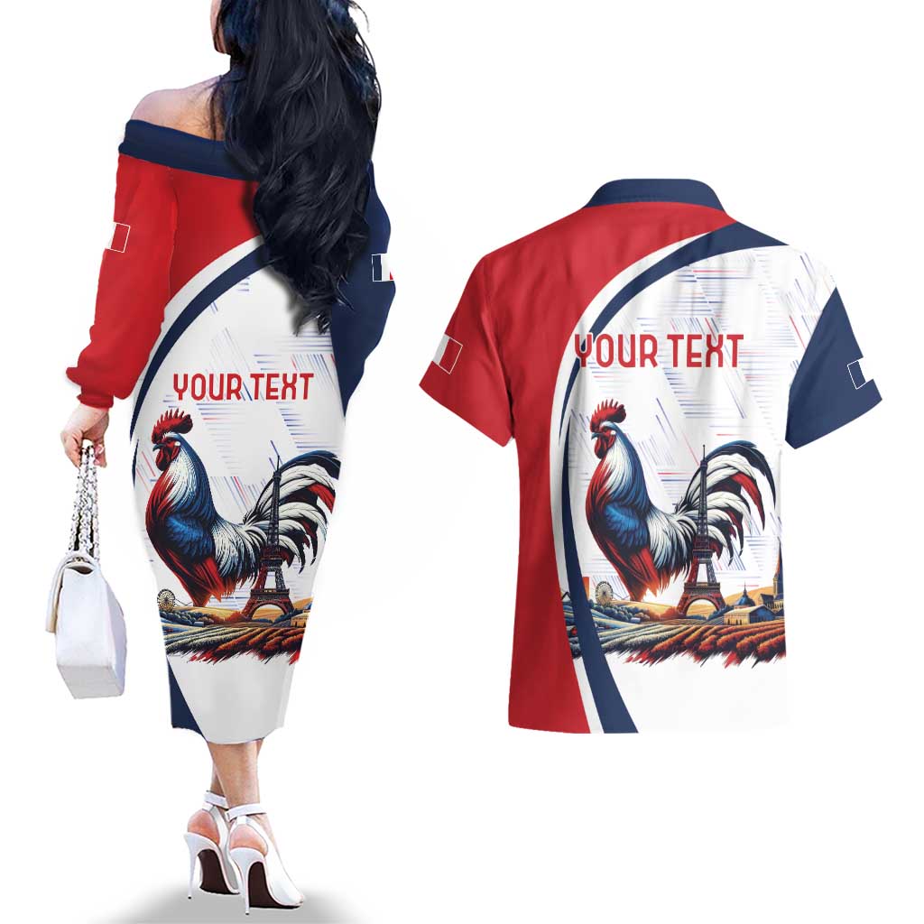Personalized France Couples Matching Off The Shoulder Long Sleeve Dress and Hawaiian Shirt French Rooster With Eiffel Tower - Wonder Print Shop