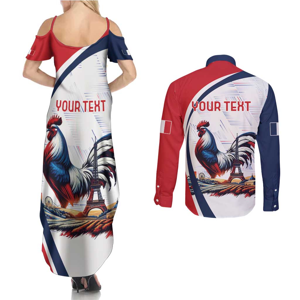 Personalized France Couples Matching Summer Maxi Dress and Long Sleeve Button Shirt French Rooster With Eiffel Tower - Wonder Print Shop