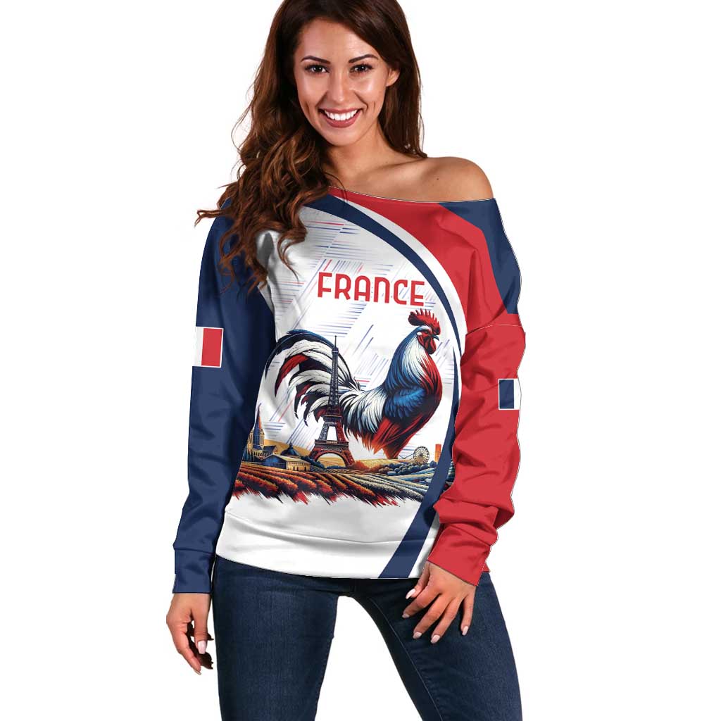 Personalized France Off Shoulder Sweater French Rooster With Eiffel Tower - Wonder Print Shop