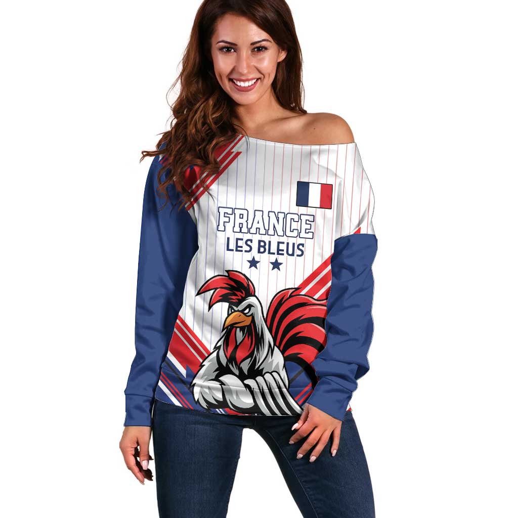Custom French Football Off Shoulder Sweater France Rooster Mascot Come On Champions - Wonder Print Shop
