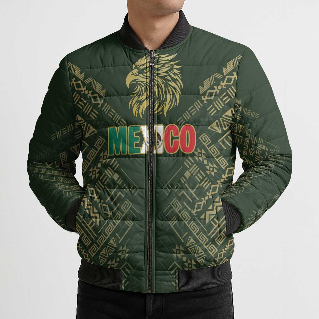 Custom Mexico Football Bomber Puffer Jacket Aztec Pattern Eagle - Wonder Print Shop