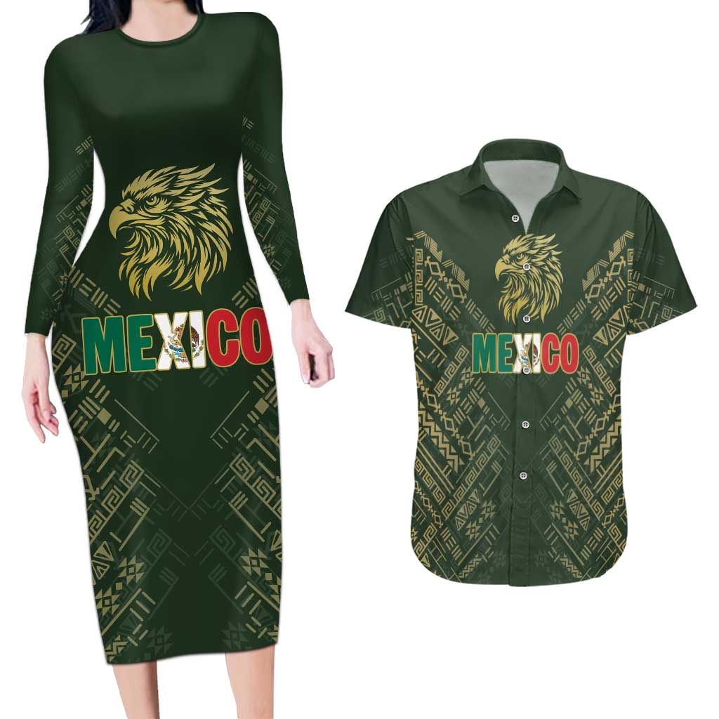 Custom Mexico Football Couples Matching Long Sleeve Bodycon Dress and Hawaiian Shirt Aztec Pattern Eagle - Wonder Print Shop