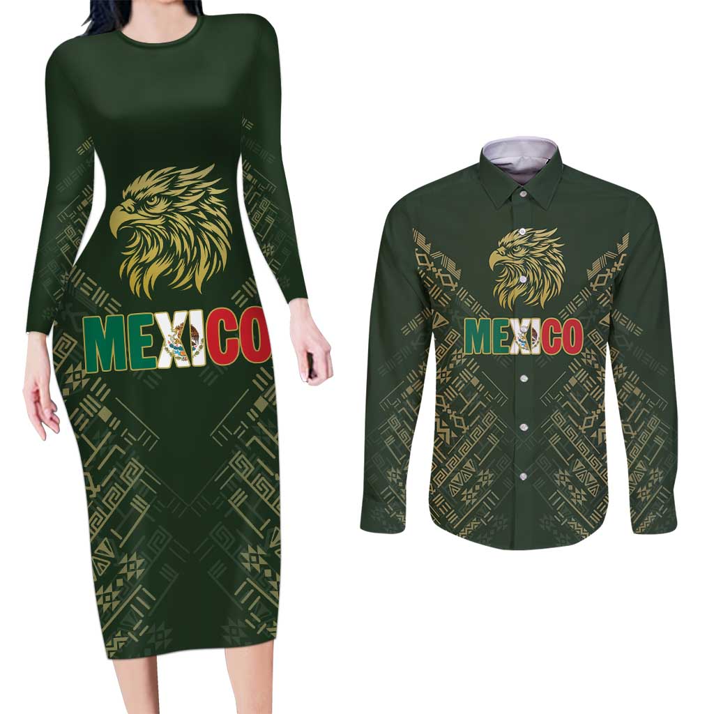 Custom Mexico Football Couples Matching Long Sleeve Bodycon Dress and Long Sleeve Button Shirt Aztec Pattern Eagle - Wonder Print Shop