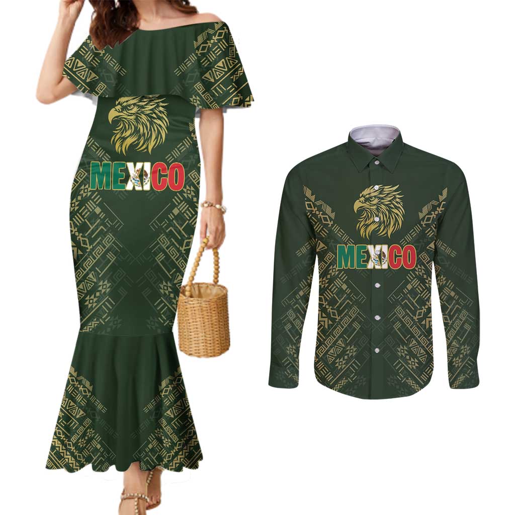 Custom Mexico Football Couples Matching Mermaid Dress and Long Sleeve Button Shirt Aztec Pattern Eagle - Wonder Print Shop
