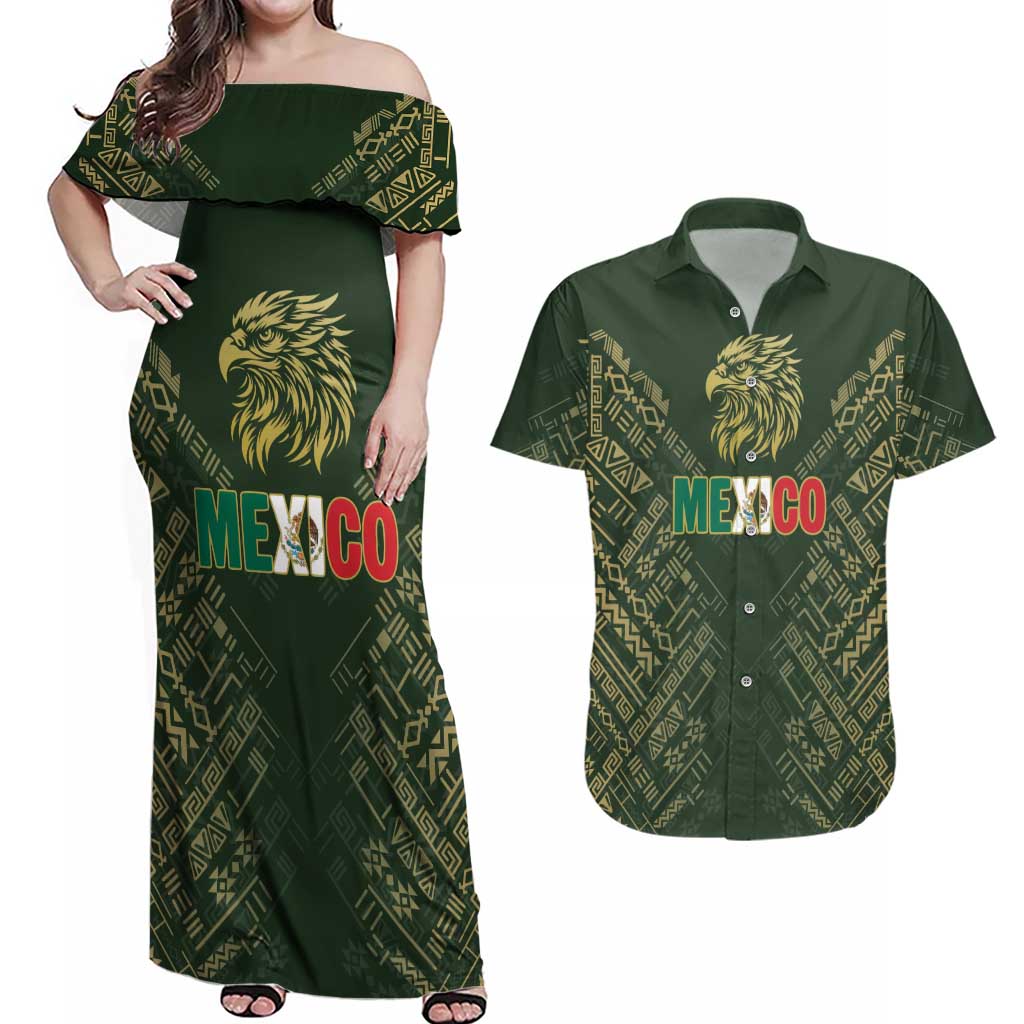 Custom Mexico Football Couples Matching Off Shoulder Maxi Dress and Hawaiian Shirt Aztec Pattern Eagle - Wonder Print Shop