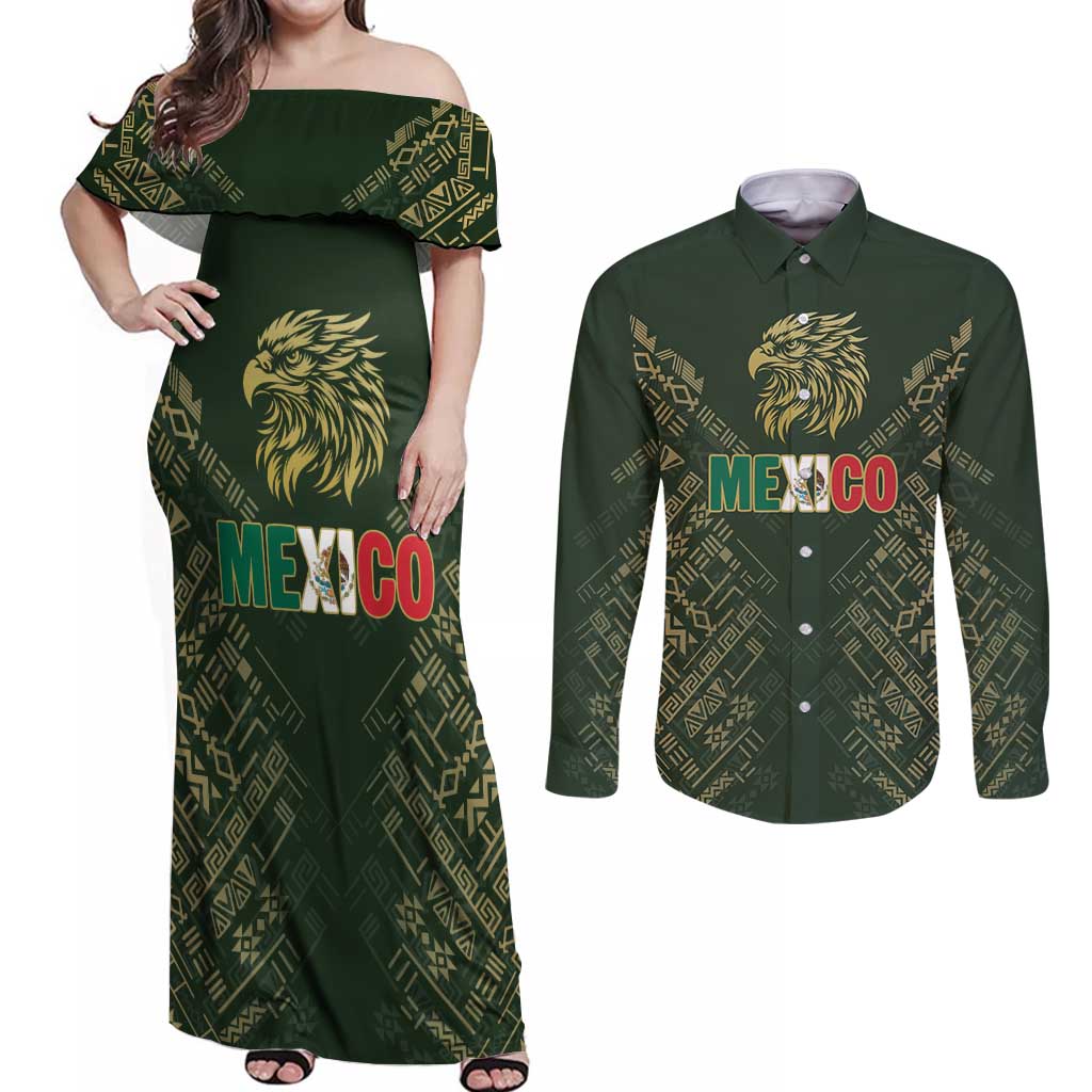 Custom Mexico Football Couples Matching Off Shoulder Maxi Dress and Long Sleeve Button Shirt Aztec Pattern Eagle - Wonder Print Shop