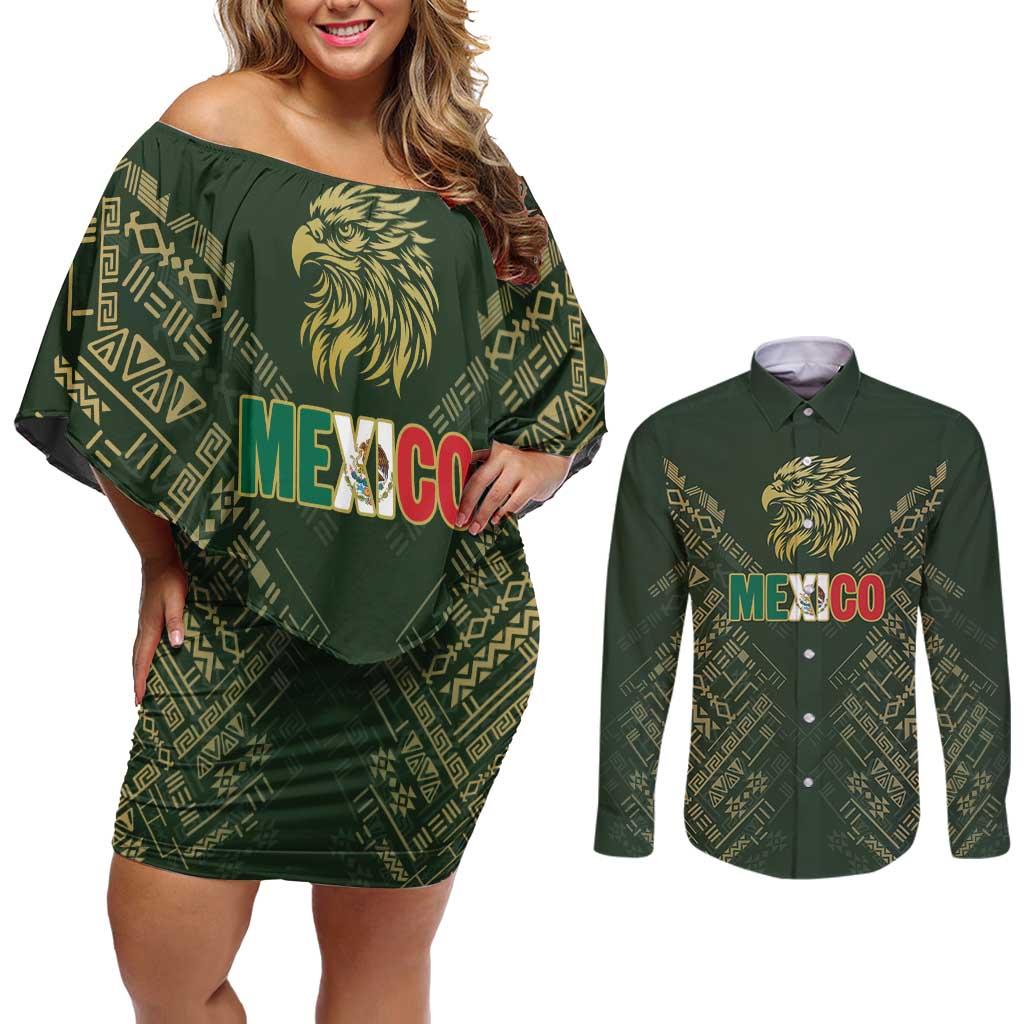 Custom Mexico Football Couples Matching Off Shoulder Short Dress and Long Sleeve Button Shirt Aztec Pattern Eagle - Wonder Print Shop