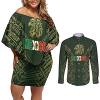 Custom Mexico Football Couples Matching Off Shoulder Short Dress and Long Sleeve Button Shirt Aztec Pattern Eagle - Wonder Print Shop