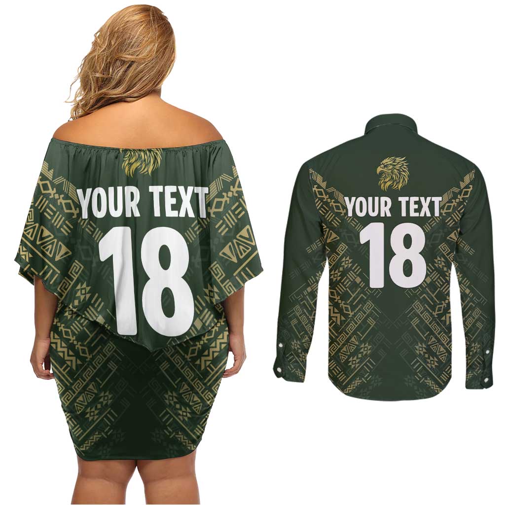 Custom Mexico Football Couples Matching Off Shoulder Short Dress and Long Sleeve Button Shirt Aztec Pattern Eagle - Wonder Print Shop
