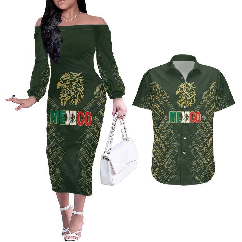 Custom Mexico Football Couples Matching Off The Shoulder Long Sleeve Dress and Hawaiian Shirt Aztec Pattern Eagle - Wonder Print Shop