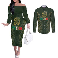 Custom Mexico Football Couples Matching Off The Shoulder Long Sleeve Dress and Long Sleeve Button Shirt Aztec Pattern Eagle - Wonder Print Shop