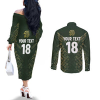 Custom Mexico Football Couples Matching Off The Shoulder Long Sleeve Dress and Long Sleeve Button Shirt Aztec Pattern Eagle - Wonder Print Shop
