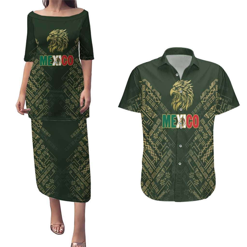 Custom Mexico Football Couples Matching Puletasi and Hawaiian Shirt Aztec Pattern Eagle - Wonder Print Shop