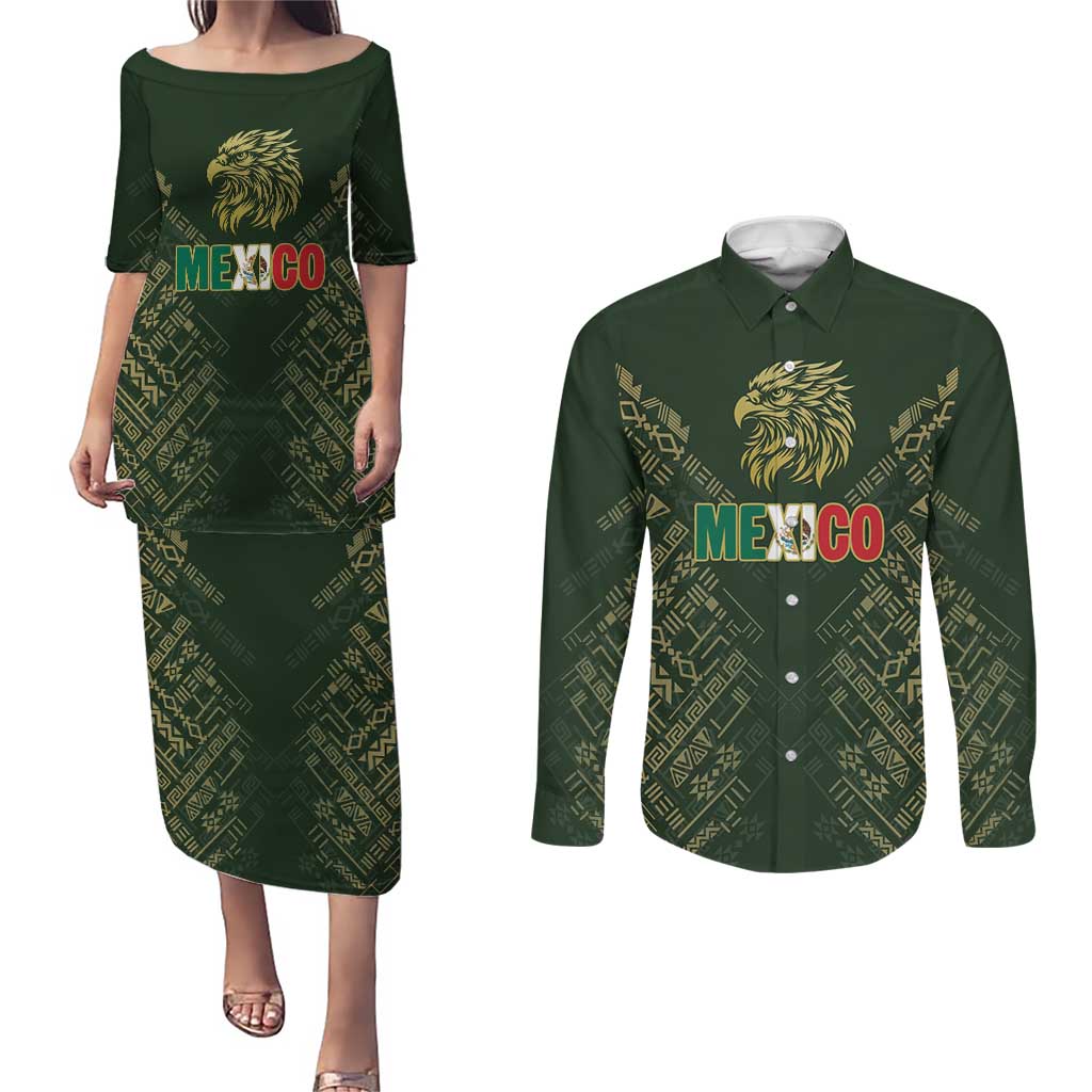 Custom Mexico Football Couples Matching Puletasi and Long Sleeve Button Shirt Aztec Pattern Eagle - Wonder Print Shop
