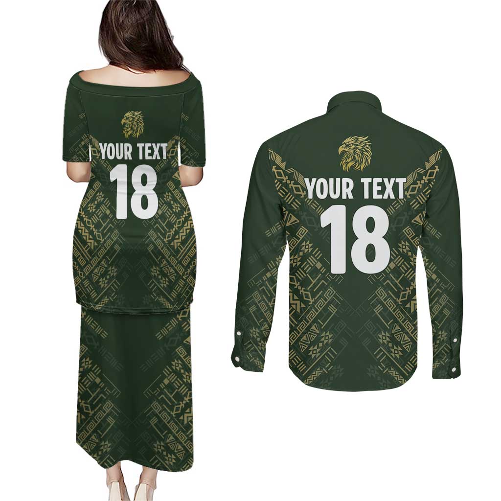 Custom Mexico Football Couples Matching Puletasi and Long Sleeve Button Shirt Aztec Pattern Eagle - Wonder Print Shop