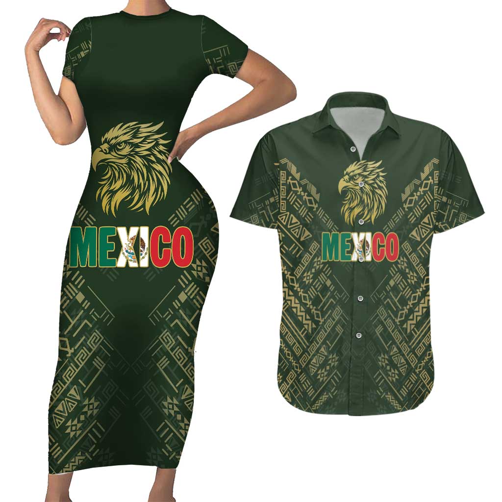 Custom Mexico Football Couples Matching Short Sleeve Bodycon Dress and Hawaiian Shirt Aztec Pattern Eagle - Wonder Print Shop