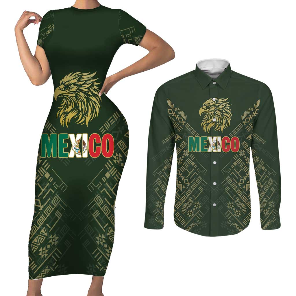 Custom Mexico Football Couples Matching Short Sleeve Bodycon Dress and Long Sleeve Button Shirt Aztec Pattern Eagle - Wonder Print Shop