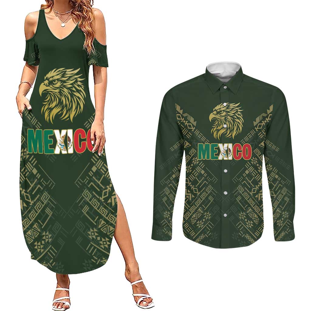 Custom Mexico Football Couples Matching Summer Maxi Dress and Long Sleeve Button Shirt Aztec Pattern Eagle - Wonder Print Shop