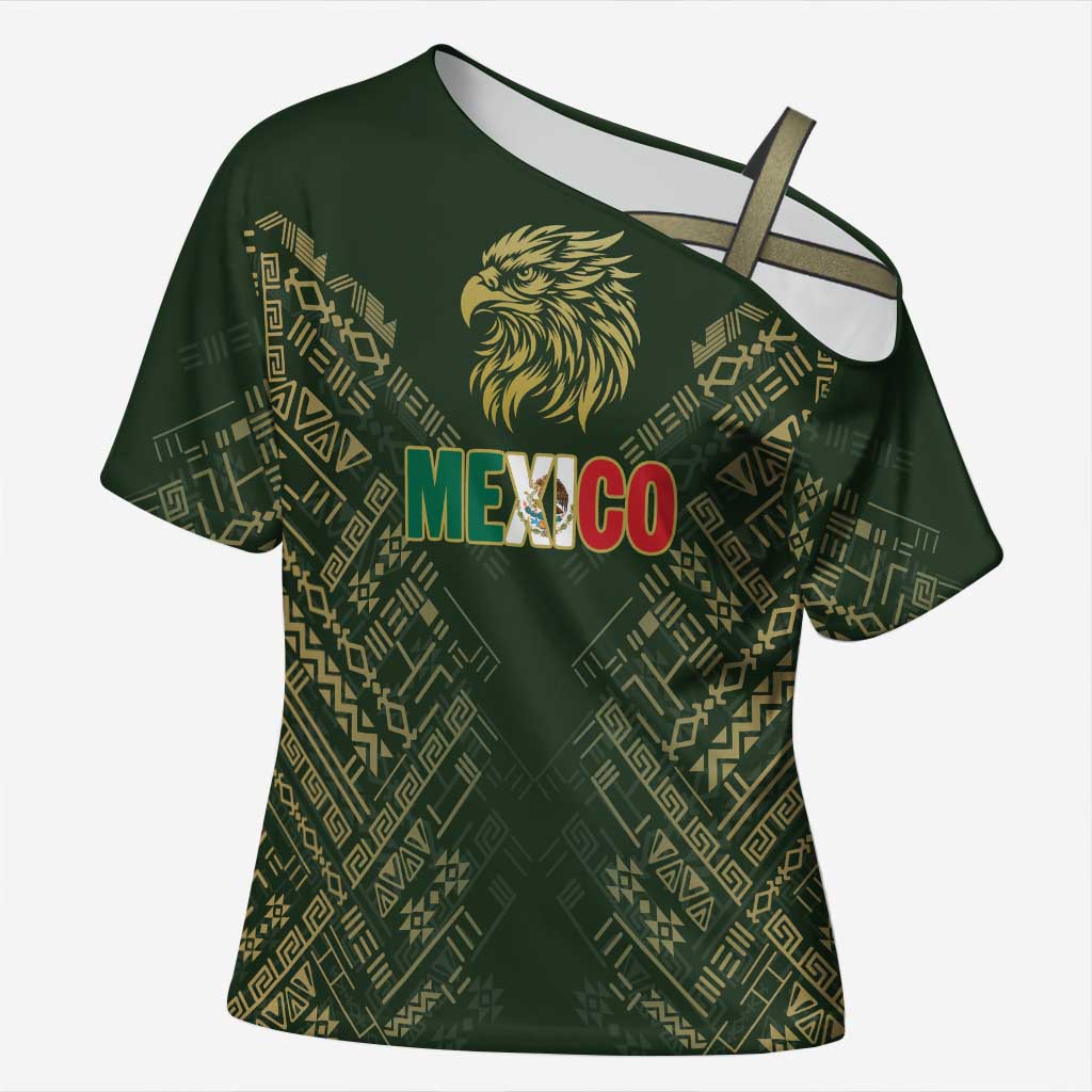 Custom Mexico Football Cross Shoulder Shirt Aztec Pattern Eagle - Wonder Print Shop
