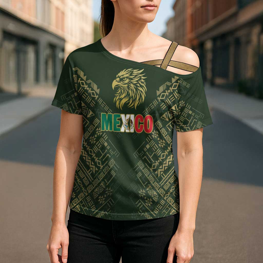 Custom Mexico Football Cross Shoulder Shirt Aztec Pattern Eagle - Wonder Print Shop