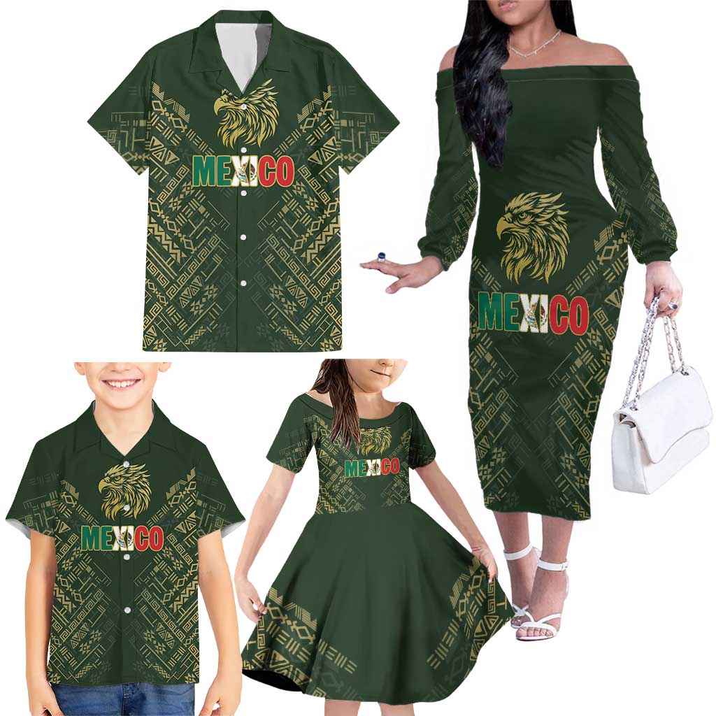 Custom Mexico Football Family Matching Off The Shoulder Long Sleeve Dress and Hawaiian Shirt Aztec Pattern Eagle - Wonder Print Shop