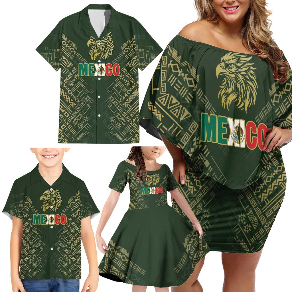 Custom Mexico Football Family Matching Off Shoulder Short Dress and Hawaiian Shirt Aztec Pattern Eagle - Wonder Print Shop