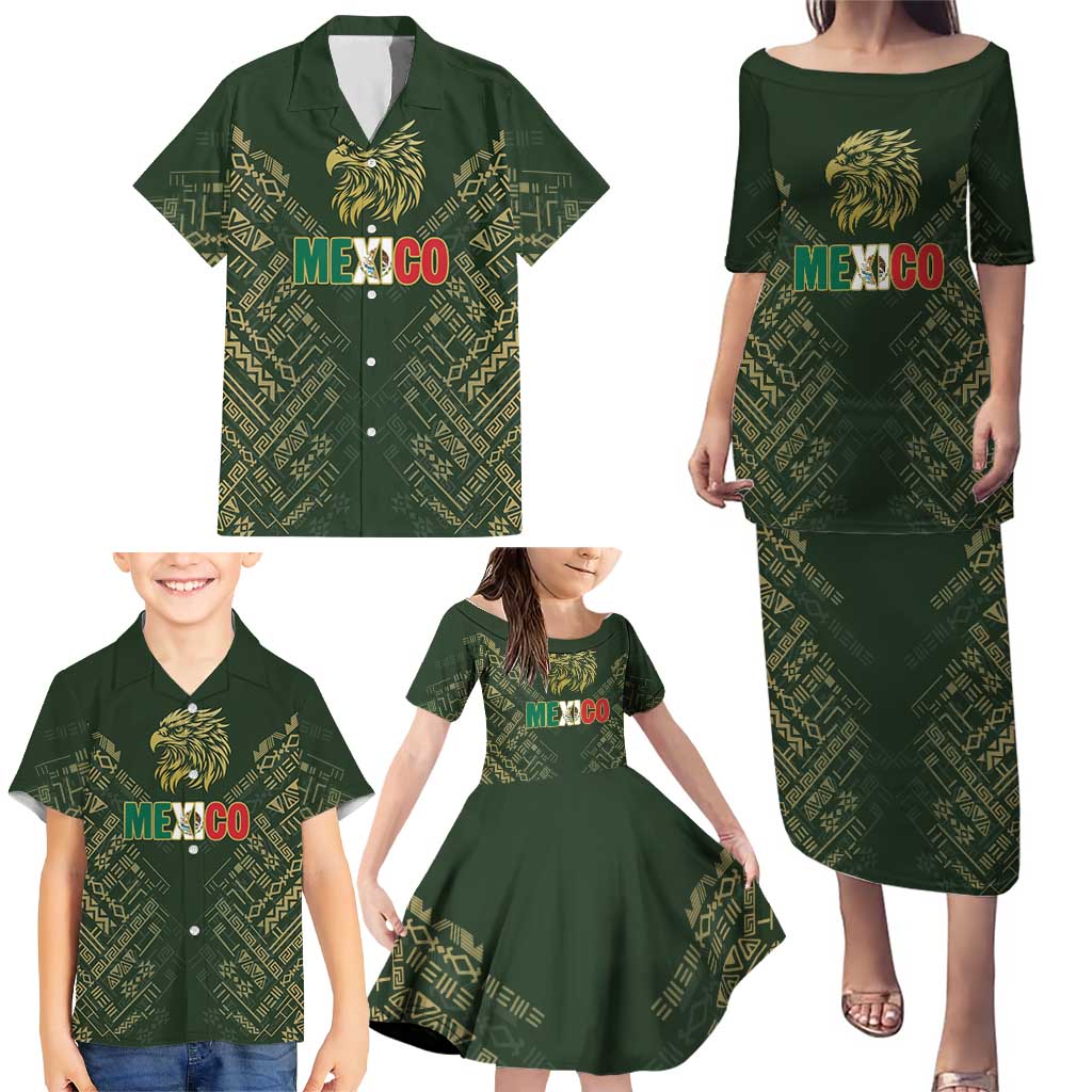 Custom Mexico Football Family Matching Puletasi and Hawaiian Shirt Aztec Pattern Eagle - Wonder Print Shop