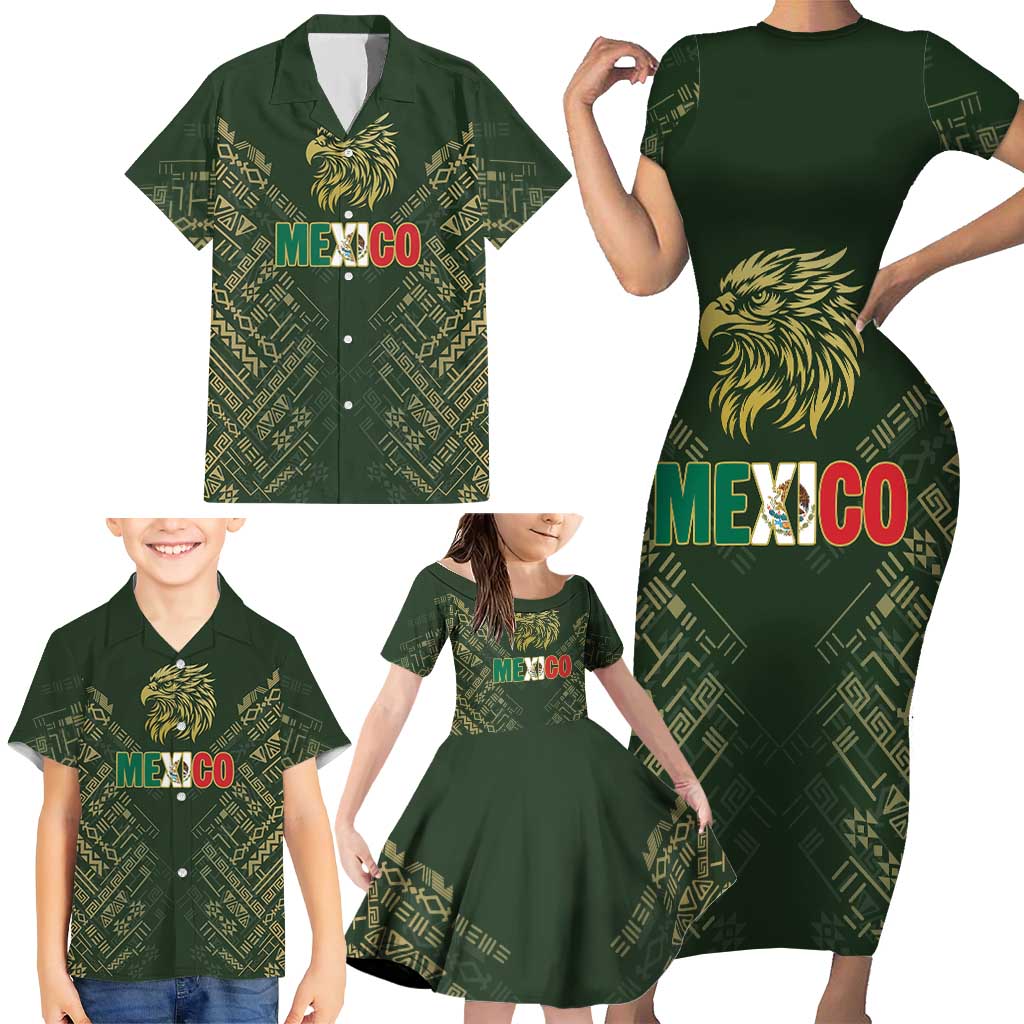 Custom Mexico Football Family Matching Short Sleeve Bodycon Dress and Hawaiian Shirt Aztec Pattern Eagle - Wonder Print Shop