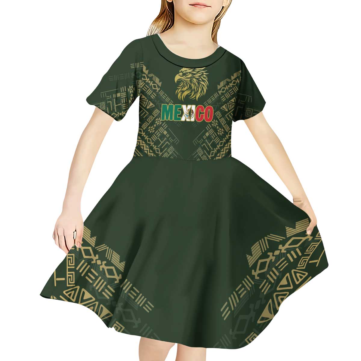 Custom Mexico Football Kid Short Sleeve Dress Aztec Pattern Eagle - Wonder Print Shop