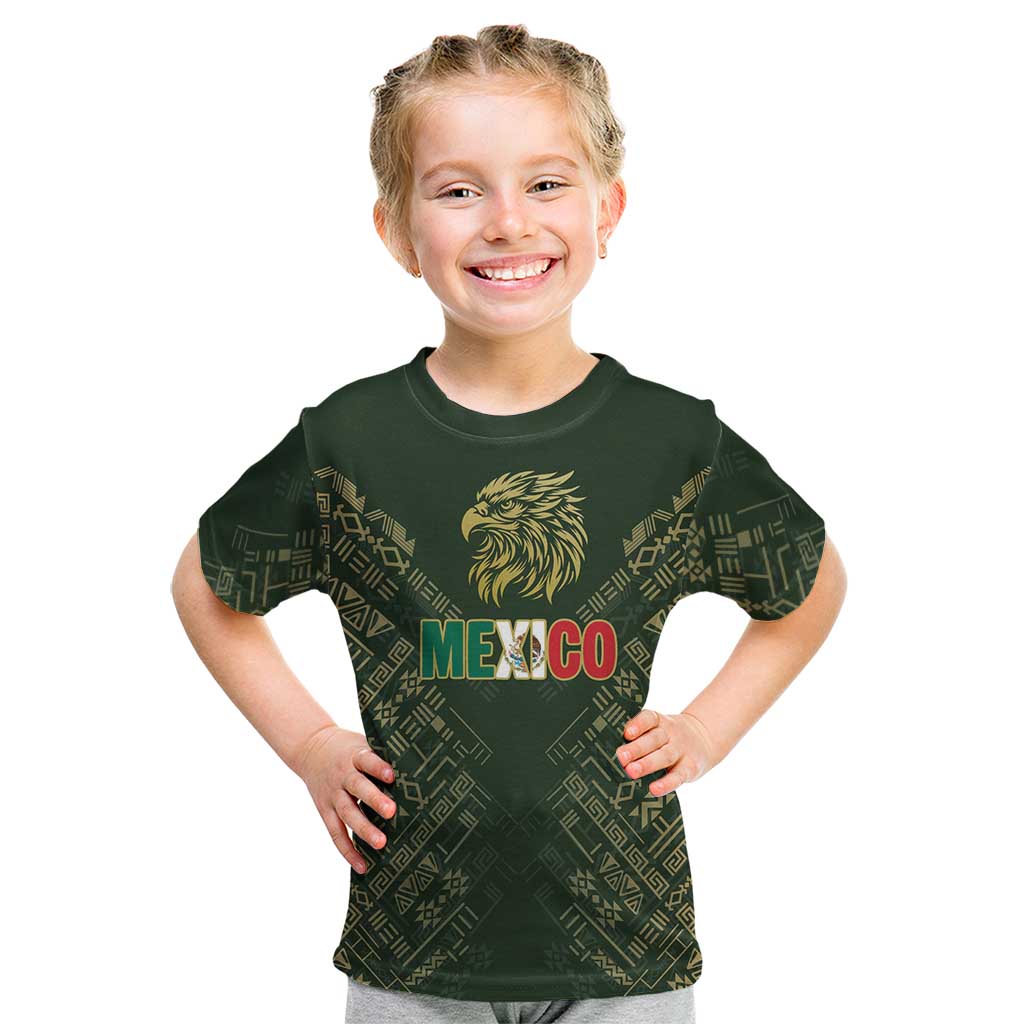 Custom Mexico Football Kid T Shirt Aztec Pattern Eagle - Wonder Print Shop