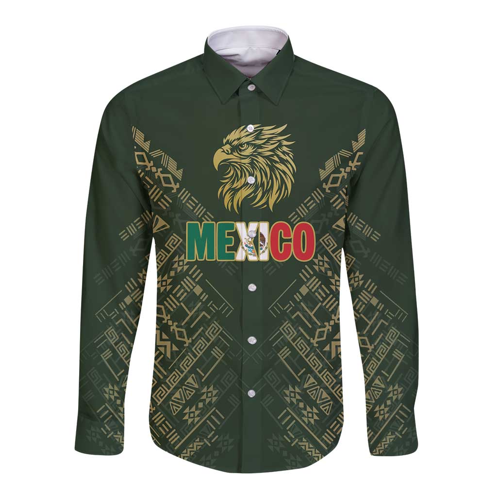 Custom Mexico Football Long Sleeve Button Shirt Aztec Pattern Eagle - Wonder Print Shop