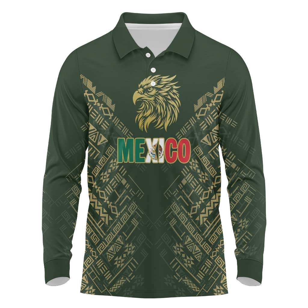 Custom Mexico Football Long Sleeve Polo Shirt Aztec Pattern Eagle - Wonder Print Shop