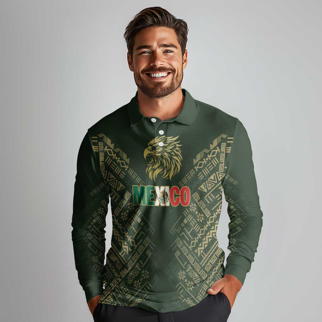 Custom Mexico Football Long Sleeve Polo Shirt Aztec Pattern Eagle - Wonder Print Shop