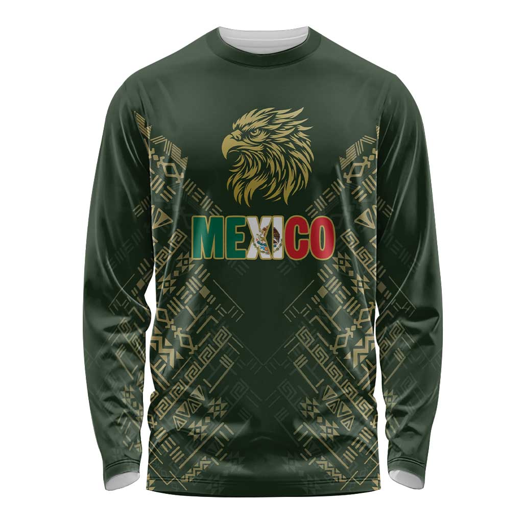 Custom Mexico Football Long Sleeve Shirt Aztec Pattern Eagle - Wonder Print Shop