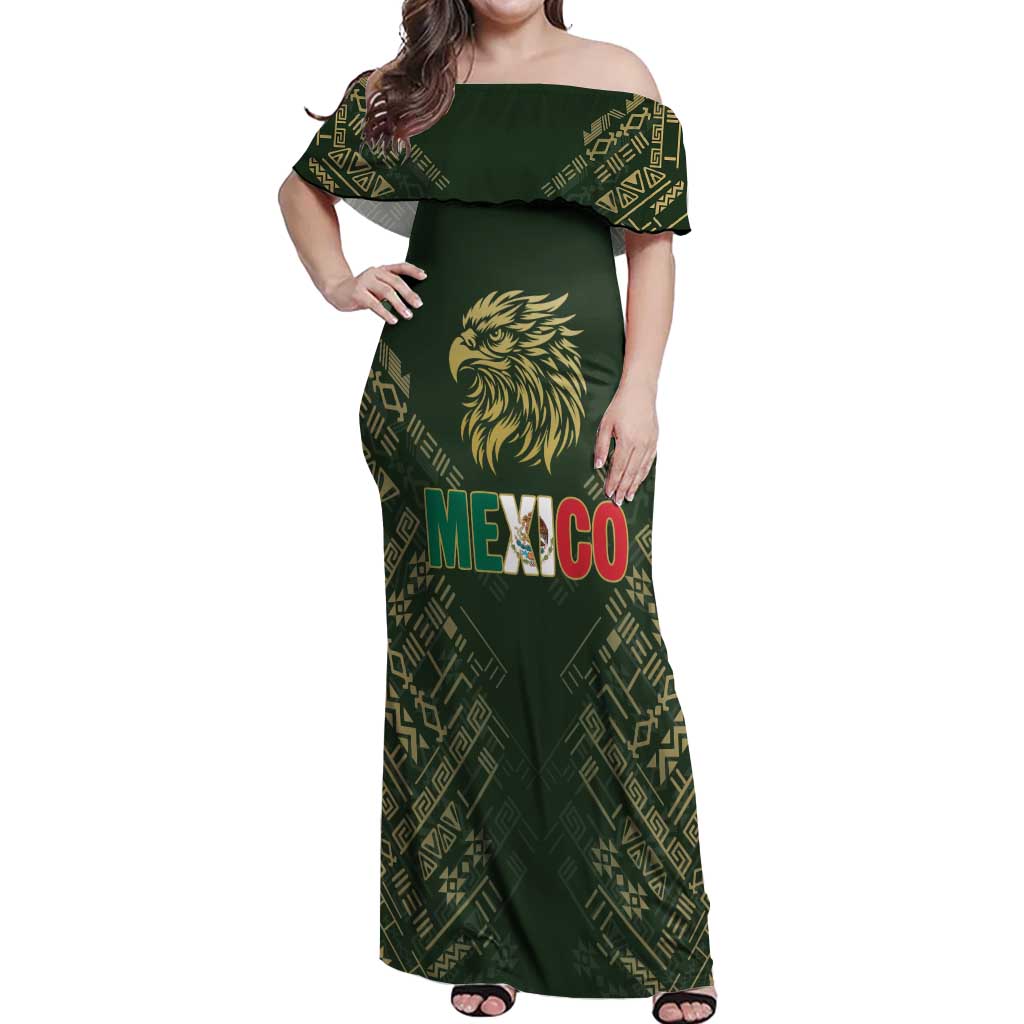 Custom Mexico Football Off Shoulder Maxi Dress Aztec Pattern Eagle - Wonder Print Shop