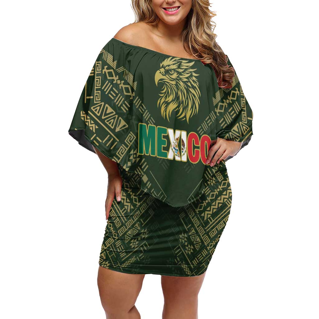 Custom Mexico Football Off Shoulder Short Dress Aztec Pattern Eagle - Wonder Print Shop